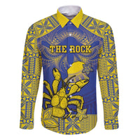 Personalised Niue The Rock Family Matching Puletasi and Hawaiian Shirt Niuean Crab Hiapo Pattern Blue Version LT05 Dad's Shirt - Long Sleeve Blue - Polynesian Pride