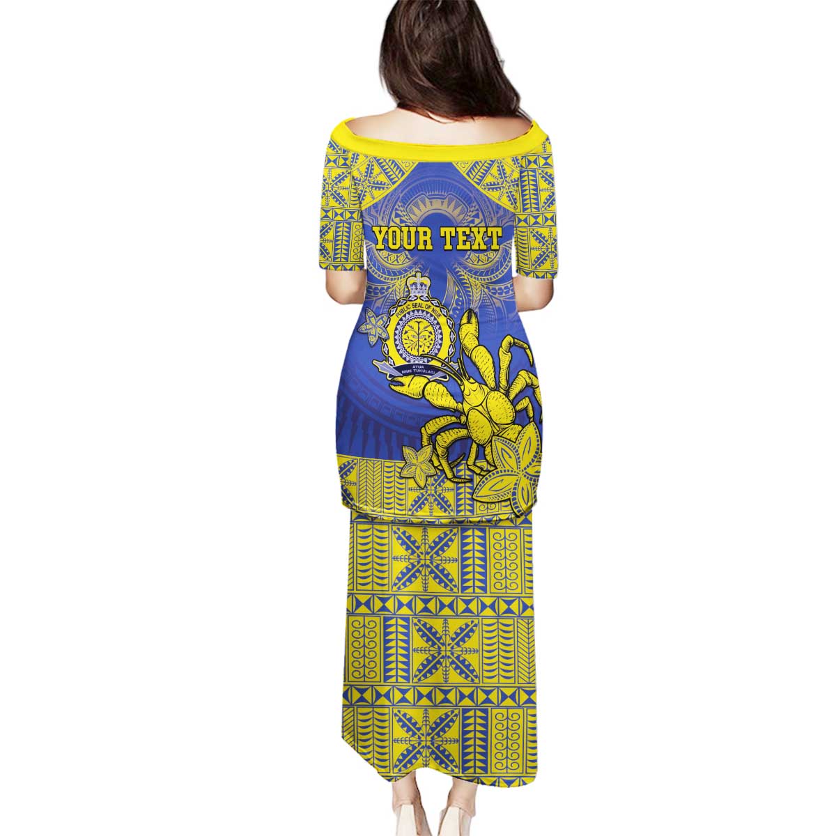 Personalised Niue The Rock Family Matching Puletasi and Hawaiian Shirt Niuean Crab Hiapo Pattern Blue Version LT05 - Polynesian Pride