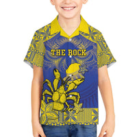 Personalised Niue The Rock Family Matching Puletasi and Hawaiian Shirt Niuean Crab Hiapo Pattern Blue Version LT05 Son's Shirt Blue - Polynesian Pride