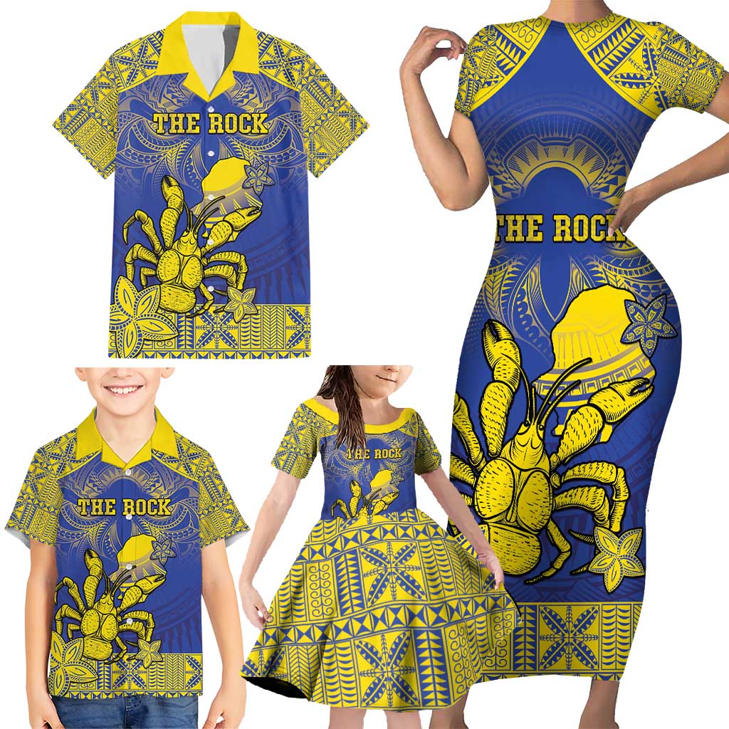 Personalised Niue The Rock Family Matching Short Sleeve Bodycon Dress and Hawaiian Shirt Niuean Crab Hiapo Pattern Blue Version