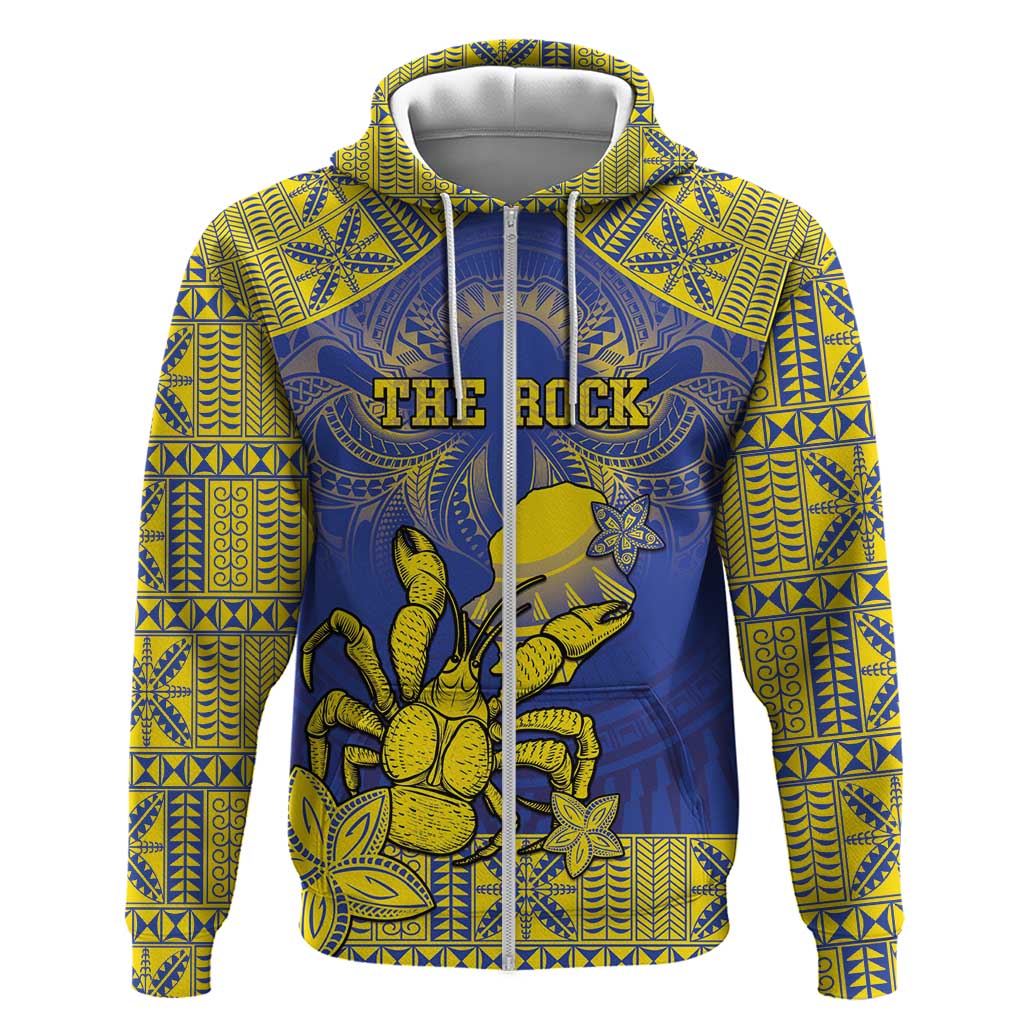 Personalised Niue The Rock Hoodie Niuean Crab Hiapo Pattern Blue Version LT05 Zip Hoodie Blue - Polynesian Pride
