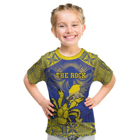 Personalised Niue The Rock Kid T Shirt Niuean Crab Hiapo Pattern Blue Version LT05 Blue - Polynesian Pride
