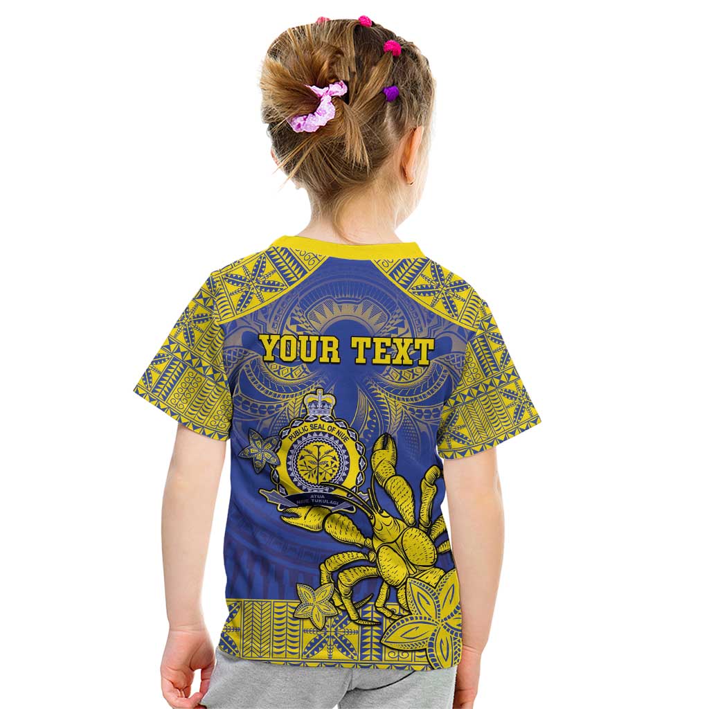 Personalised Niue The Rock Kid T Shirt Niuean Crab Hiapo Pattern Blue Version LT05 - Polynesian Pride