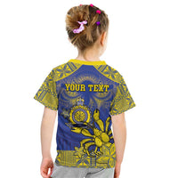 Personalised Niue The Rock Kid T Shirt Niuean Crab Hiapo Pattern Blue Version LT05 - Polynesian Pride