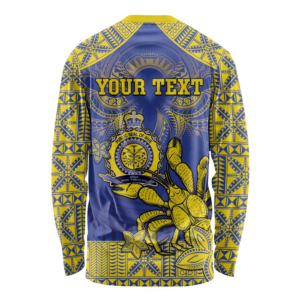Personalised Niue The Rock Long Sleeve Shirt Niuean Crab Hiapo Pattern Blue Version