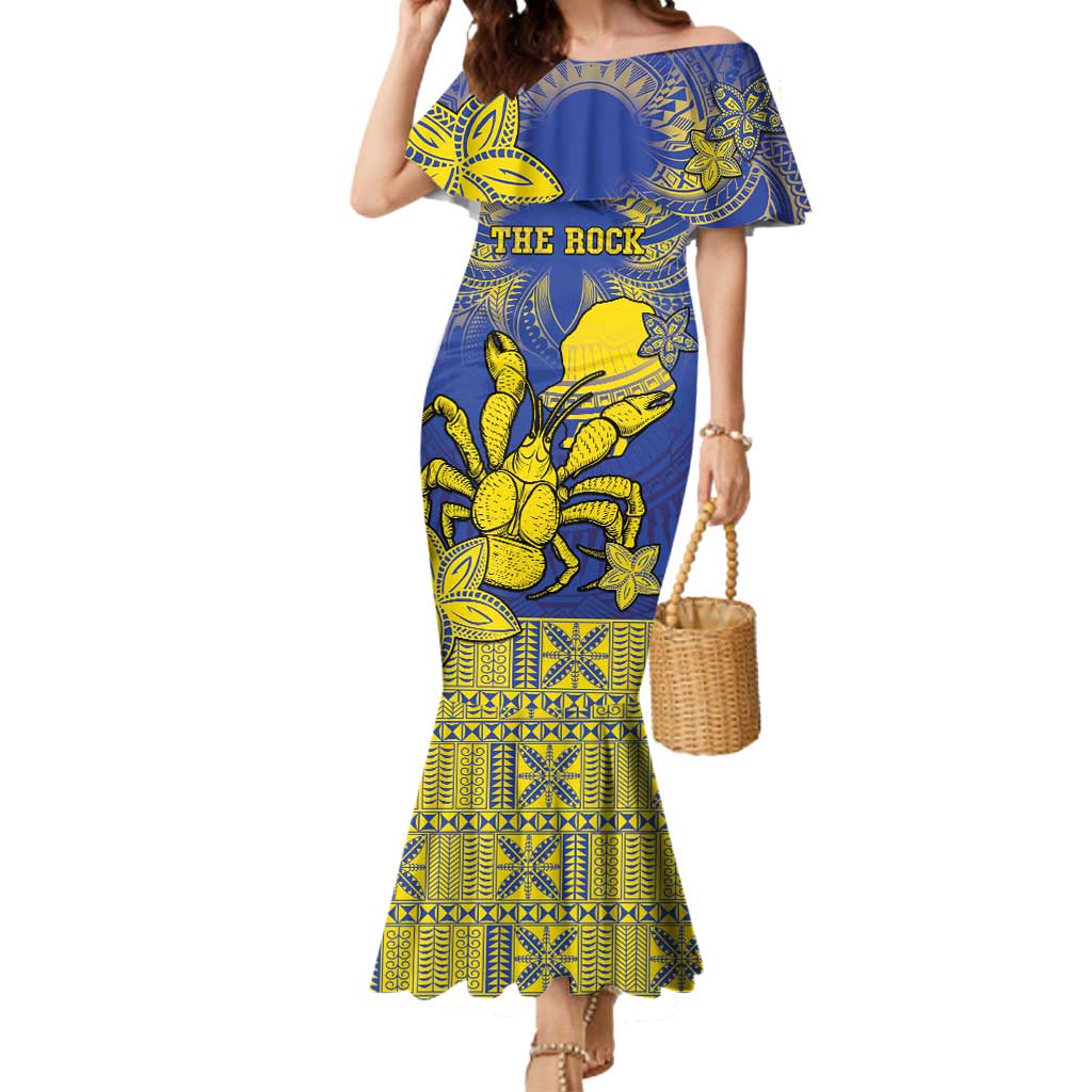 Personalised Niue The Rock Mermaid Dress Niuean Crab Hiapo Pattern Blue Version