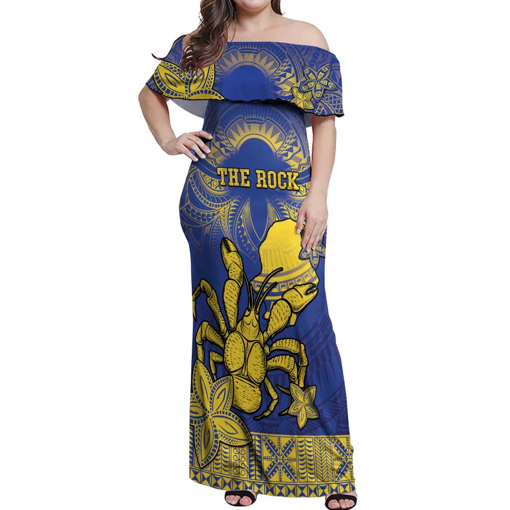 Personalised Niue The Rock Off Shoulder Maxi Dress Niuean Crab Hiapo Pattern Blue Version