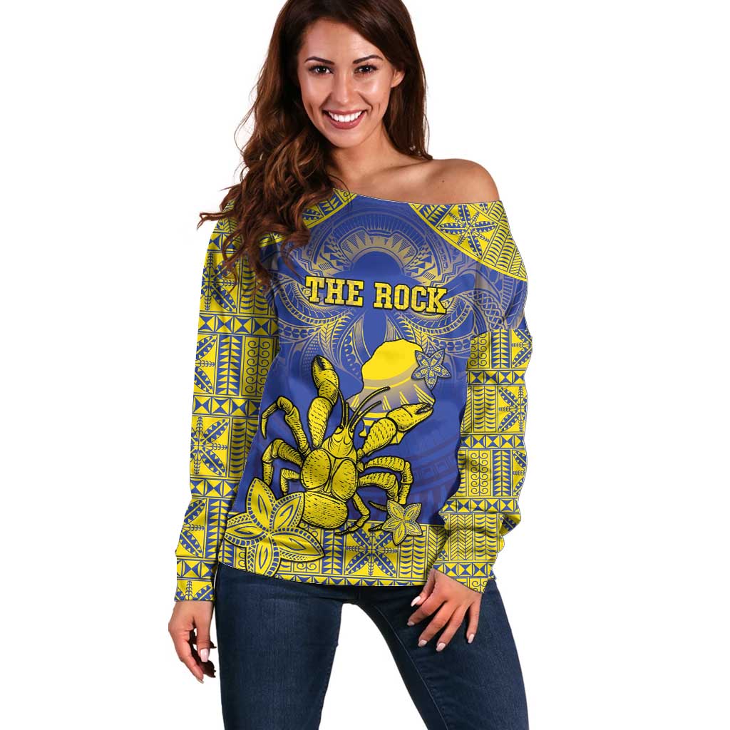 Personalised Niue The Rock Off Shoulder Sweater Niuean Crab Hiapo Pattern Blue Version