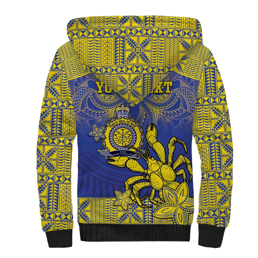 Personalised Niue The Rock Sherpa Hoodie Niuean Crab Hiapo Pattern Blue Version