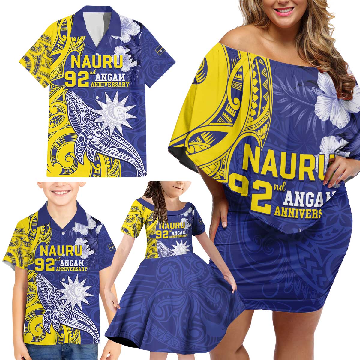 Personalised Nauru 92nd Anniversary Of Angam Family Matching Off Shoulder Short Dress and Hawaiian Shirt Polynesian Whale Pattern