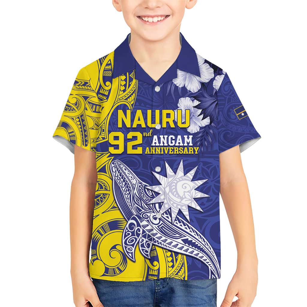 Personalised Nauru 92nd Anniversary Of Angam Family Matching Short Sleeve Bodycon Dress and Hawaiian Shirt Polynesian Whale Pattern