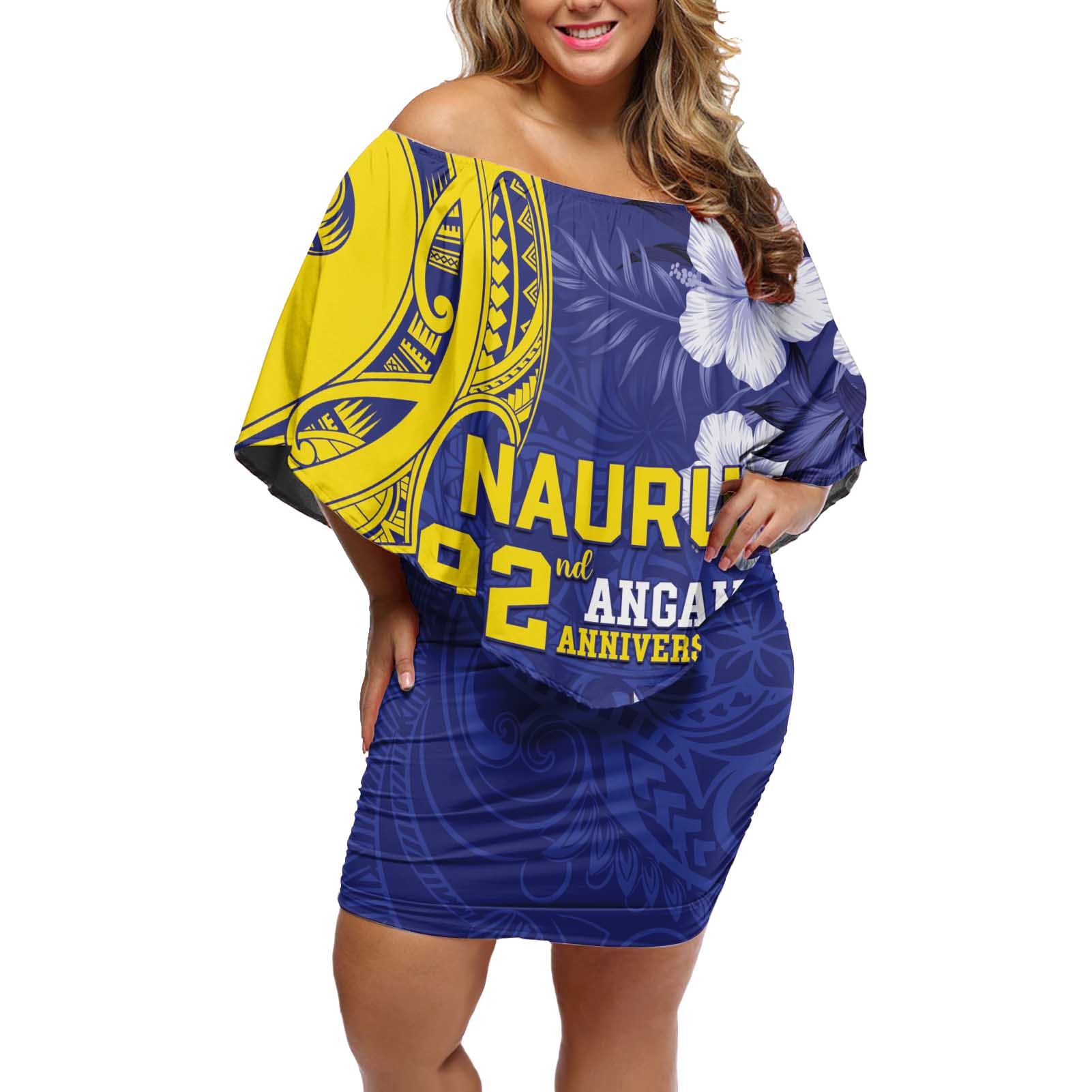 Personalised Nauru 92nd Anniversary Of Angam Off Shoulder Short Dress Polynesian Whale Pattern