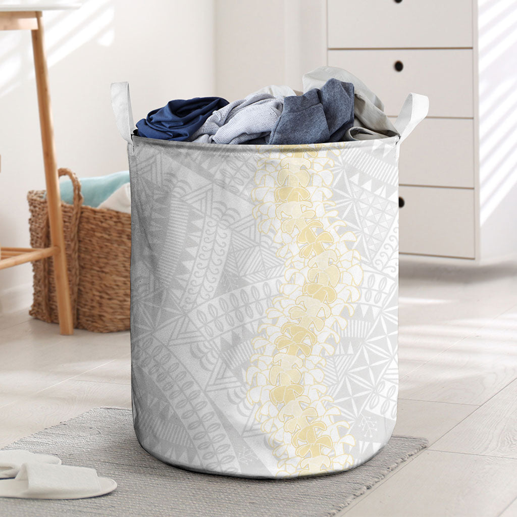 Niue White Sunday Laundry Basket Niuean Hiapo With Puakenikeni Lei LT05 White - Polynesian Pride