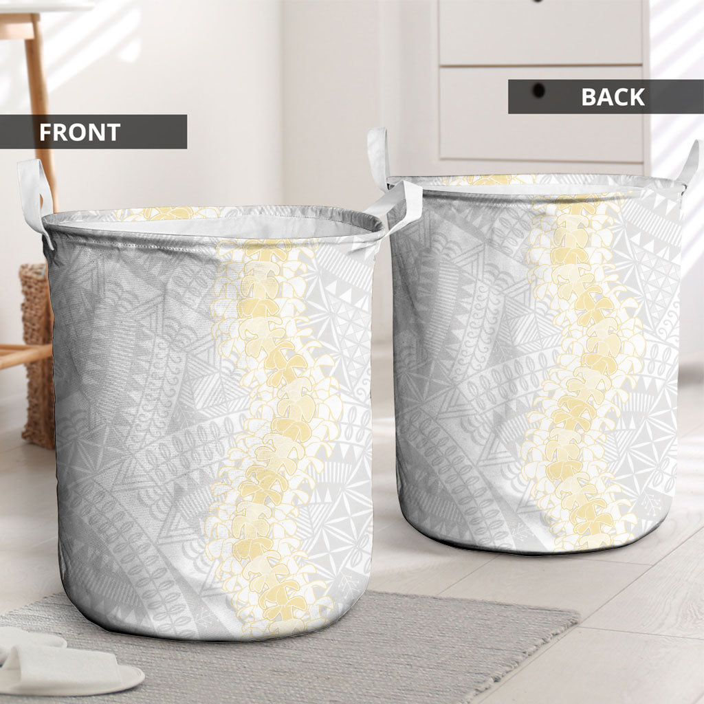 Niue White Sunday Laundry Basket Niuean Hiapo With Puakenikeni Lei LT05 - Polynesian Pride