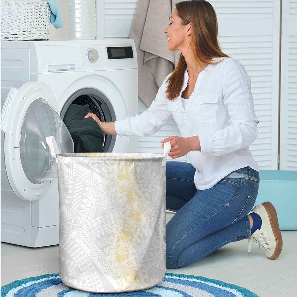 Niue White Sunday Laundry Basket Niuean Hiapo With Puakenikeni Lei LT05 - Polynesian Pride