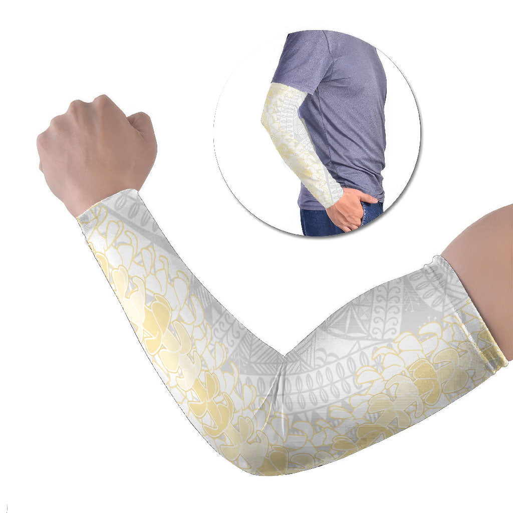 Niue White Sunday Arm Sleeves Niuean Hiapo With Puakenikeni Lei LT05 Set of 2 White - Polynesian Pride