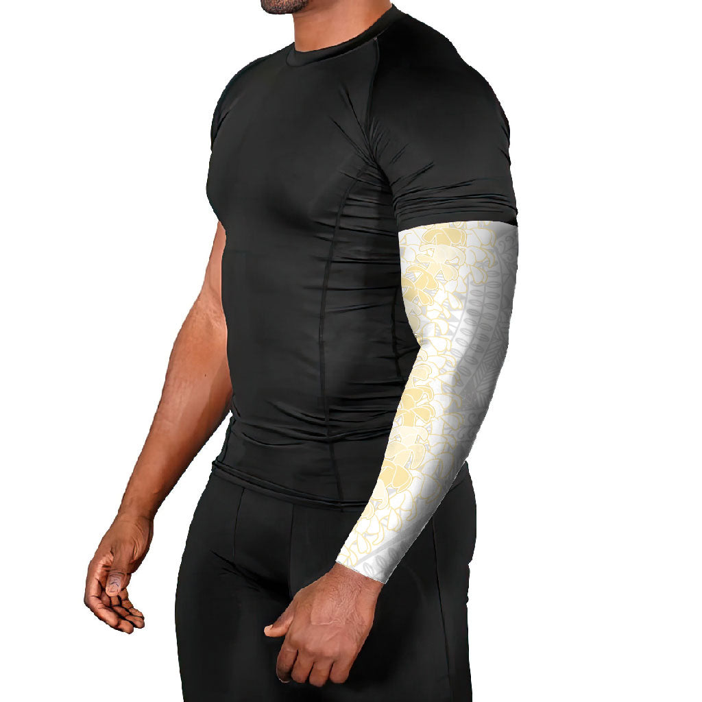 Niue White Sunday Arm Sleeves Niuean Hiapo With Puakenikeni Lei LT05 - Polynesian Pride