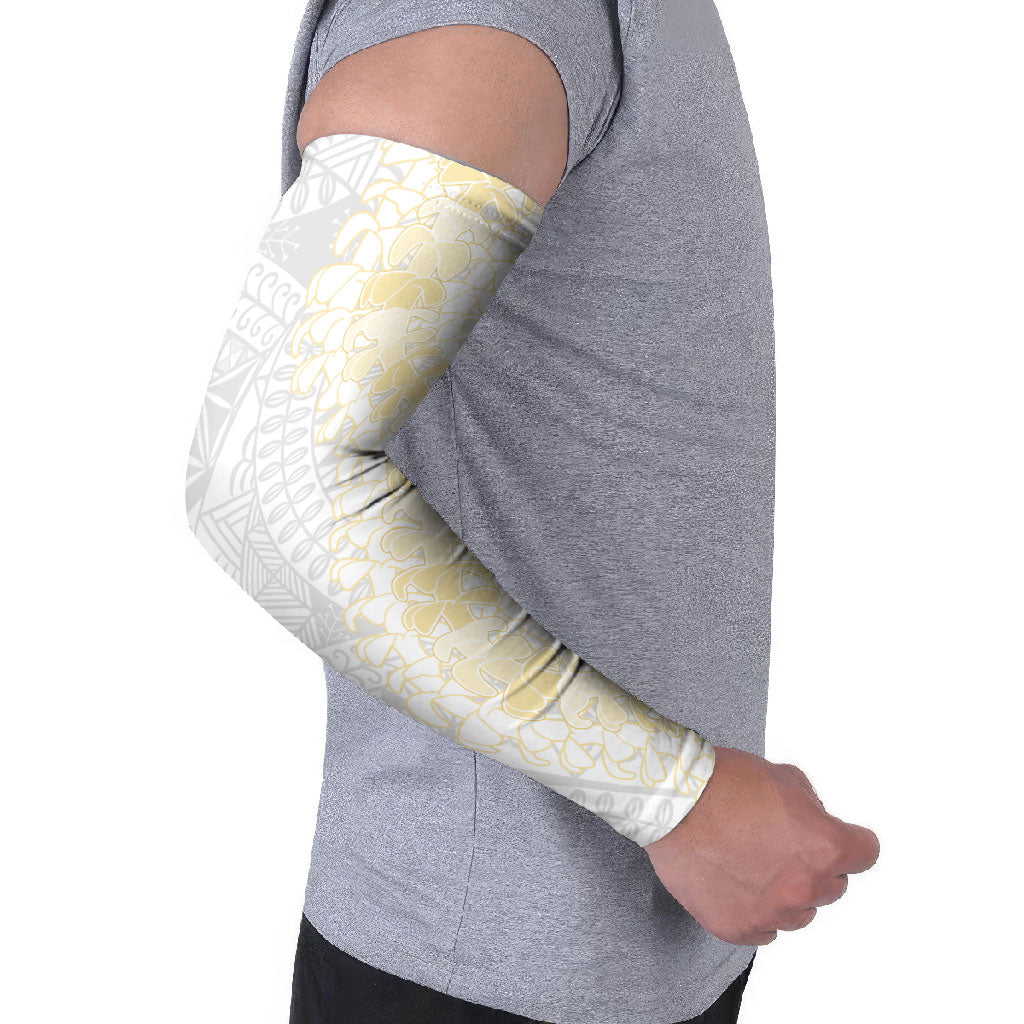 Niue White Sunday Arm Sleeves Niuean Hiapo With Puakenikeni Lei LT05 - Polynesian Pride