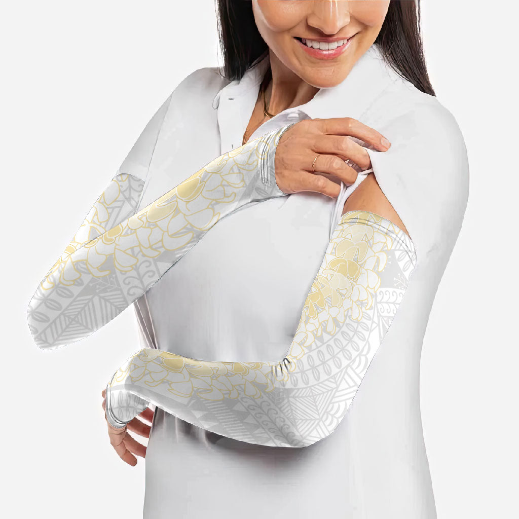 Niue White Sunday Arm Sleeves Niuean Hiapo With Puakenikeni Lei LT05 - Polynesian Pride
