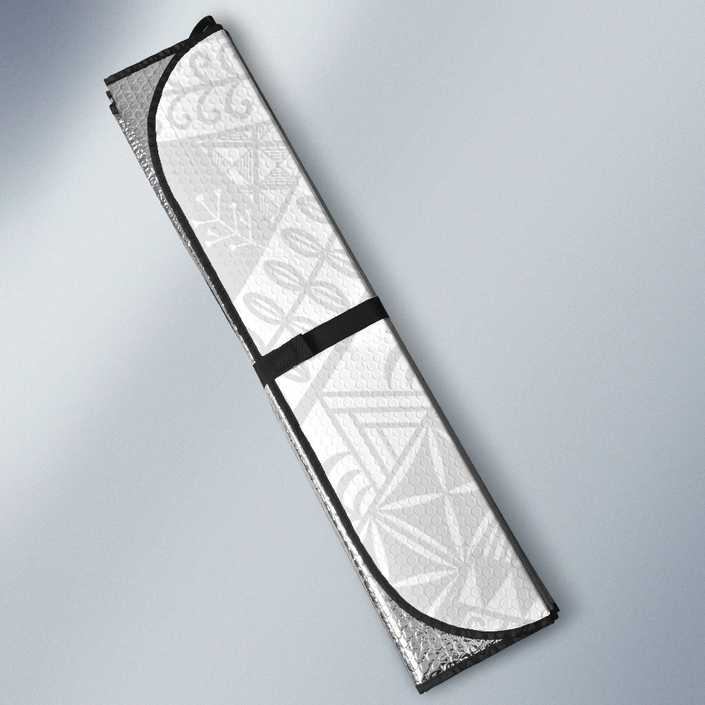 Niue White Sunday Auto Sun Shade Niuean Hiapo With Puakenikeni Lei LT05 - Polynesian Pride