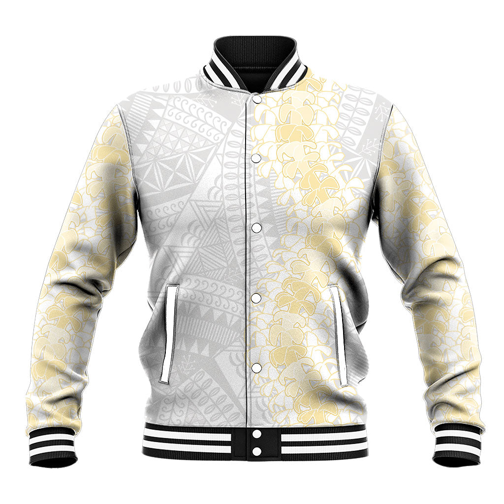 Niue White Sunday Baseball Jacket Niuean Hiapo With Puakenikeni Lei LT05 Unisex White - Polynesian Pride