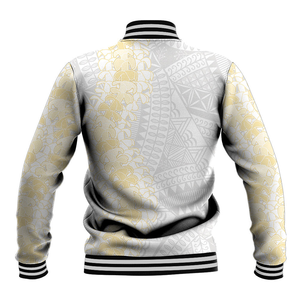 Niue White Sunday Baseball Jacket Niuean Hiapo With Puakenikeni Lei LT05 - Polynesian Pride