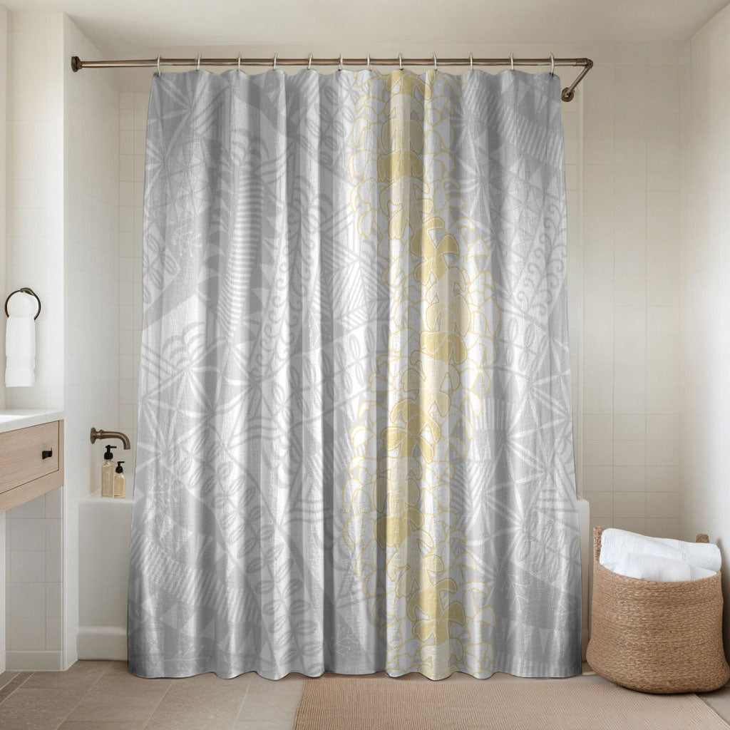 Niue White Sunday Bathroom Set Niuean Hiapo With Puakenikeni Lei LT05 Shower Curtain Only White - Polynesian Pride