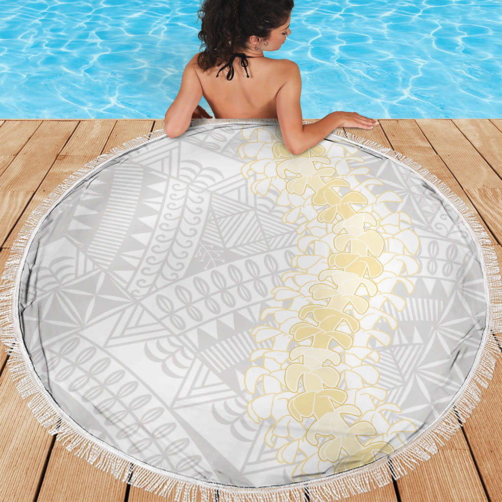Niue White Sunday Beach Blanket Niuean Hiapo With Puakenikeni Lei LT05 - Polynesian Pride