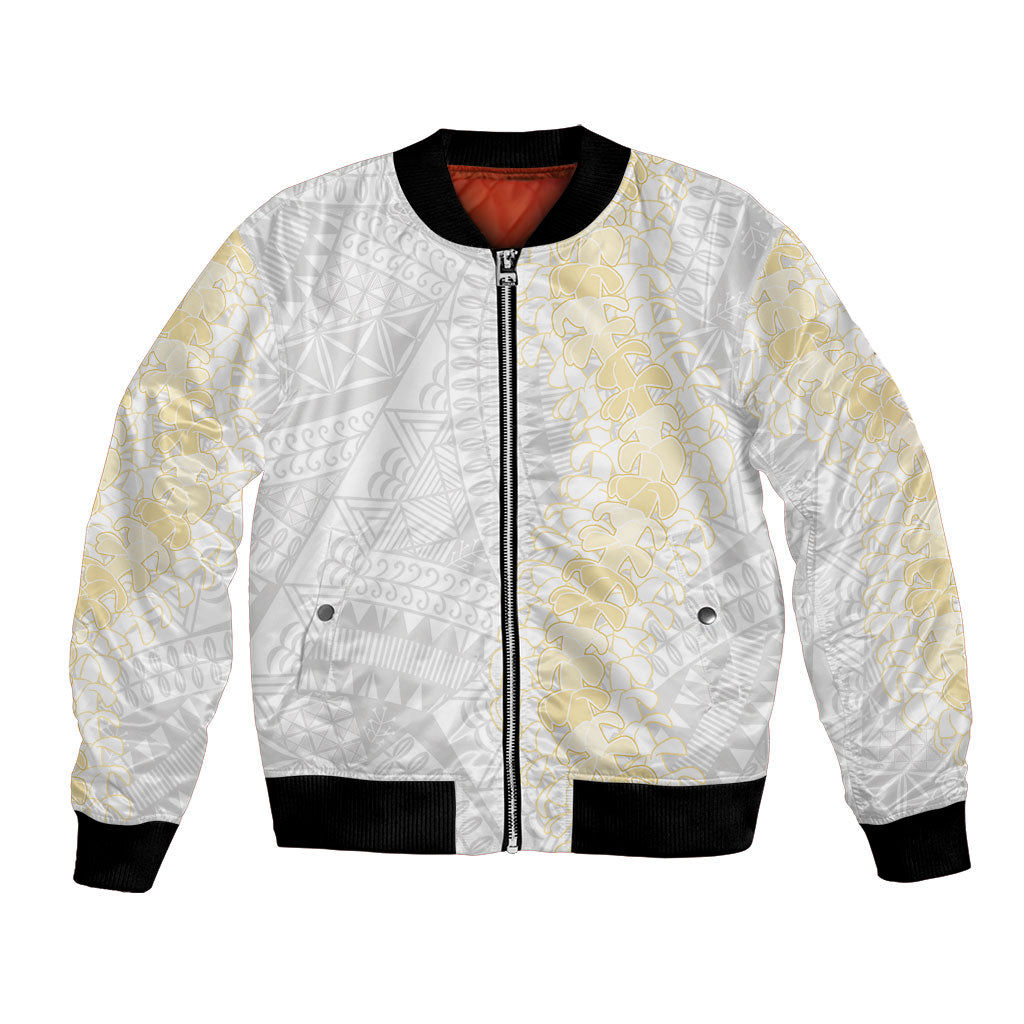 Niue White Sunday Bomber Jacket Niuean Hiapo With Puakenikeni Lei LT05 Unisex White - Polynesian Pride