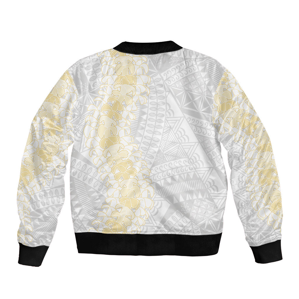 Niue White Sunday Bomber Jacket Niuean Hiapo With Puakenikeni Lei LT05 - Polynesian Pride