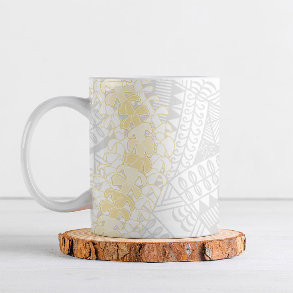 Niue White Sunday Ceramic Mug Niuean Hiapo With Puakenikeni Lei LT05 White - Polynesian Pride