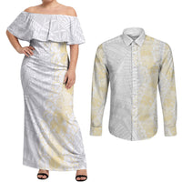 Niue White Sunday Couples Matching Off Shoulder Maxi Dress and Long Sleeve Button Shirt Niuean Hiapo With Puakenikeni Lei LT05 White - Polynesian Pride