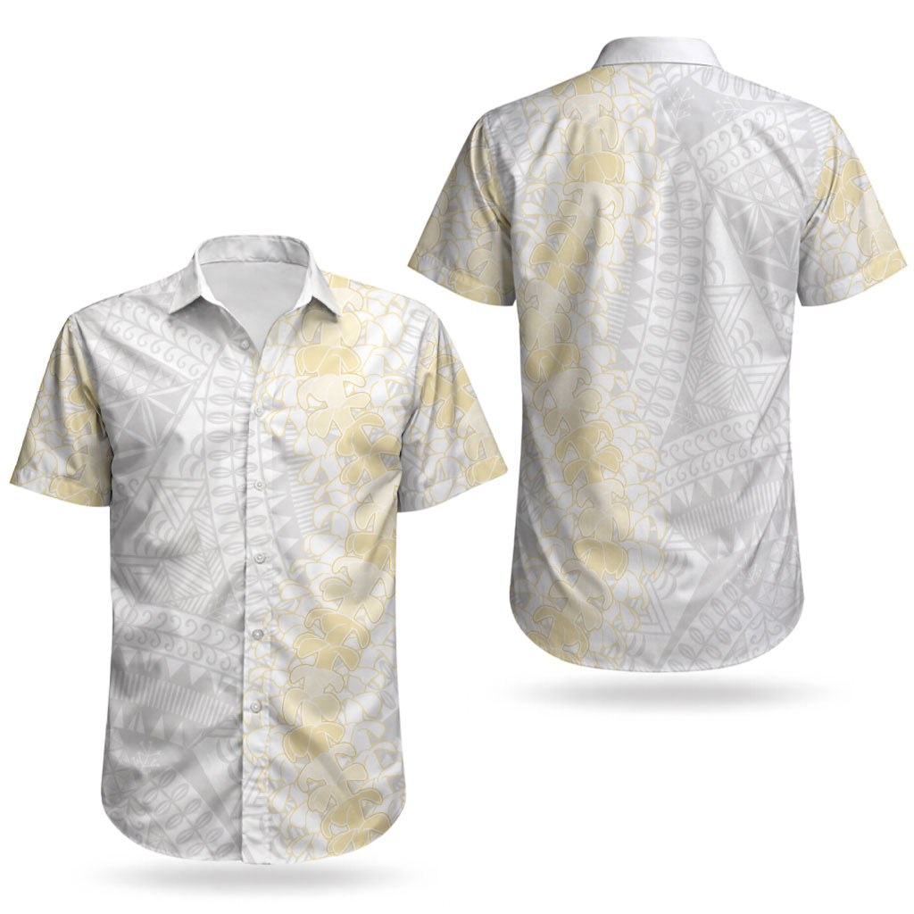Niue White Sunday Couples Matching Puletasi and Hawaiian Shirt Niuean Hiapo With Puakenikeni Lei LT05 - Polynesian Pride