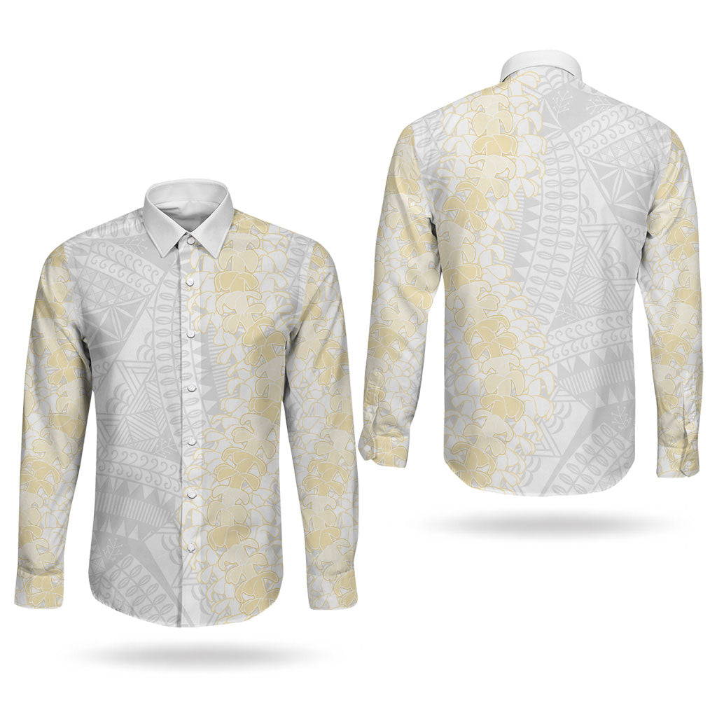 Niue White Sunday Couples Matching Puletasi and Long Sleeve Button Shirt Niuean Hiapo With Puakenikeni Lei LT05 - Polynesian Pride