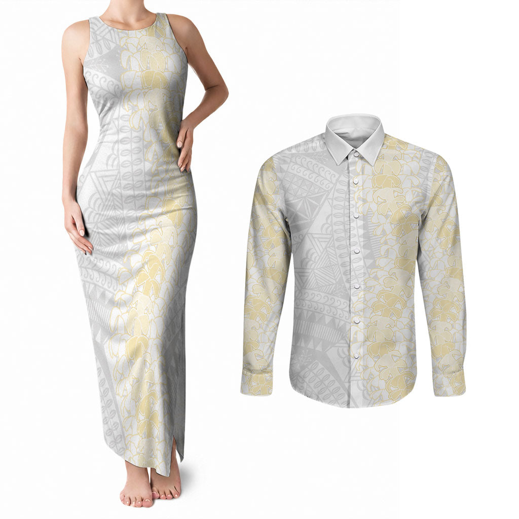 Niue White Sunday Couples Matching Tank Maxi Dress and Long Sleeve Button Shirt Niuean Hiapo With Puakenikeni Lei LT05 White - Polynesian Pride