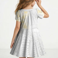 Niue White Sunday Kid Short Sleeve Dress Niuean Hiapo With Puakenikeni Lei LT05 - Polynesian Pride