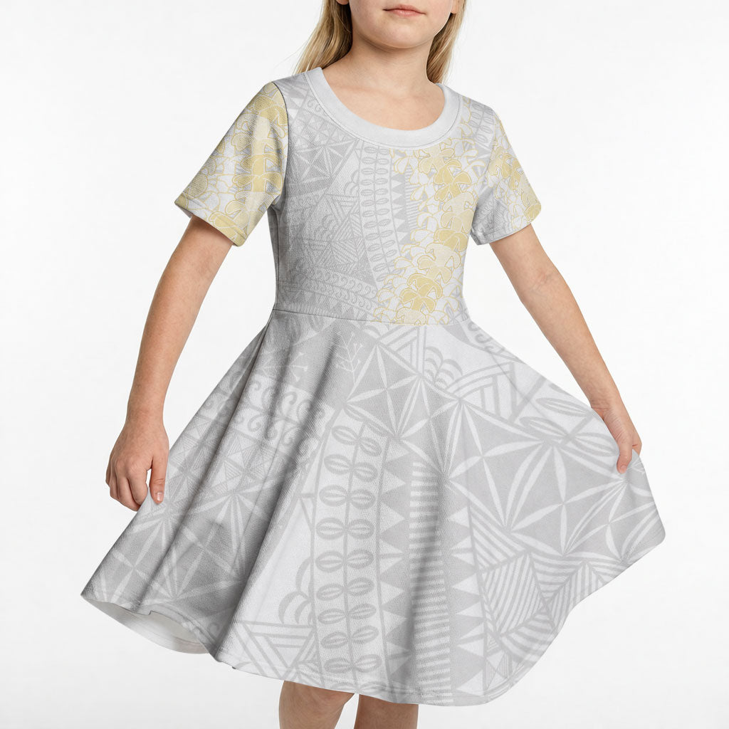 Niue White Sunday Kid Short Sleeve Dress Niuean Hiapo With Puakenikeni Lei LT05 - Polynesian Pride