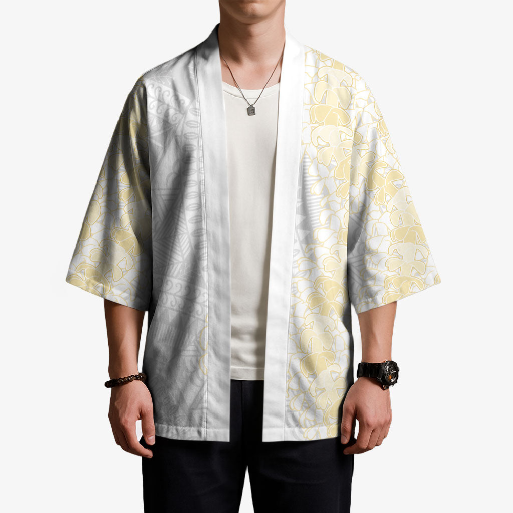 Niue White Sunday Kimono Niuean Hiapo With Puakenikeni Lei LT05 - Polynesian Pride