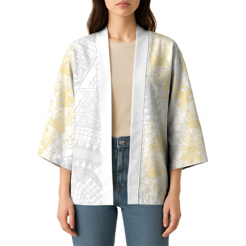 Niue White Sunday Kimono Niuean Hiapo With Puakenikeni Lei LT05 - Polynesian Pride