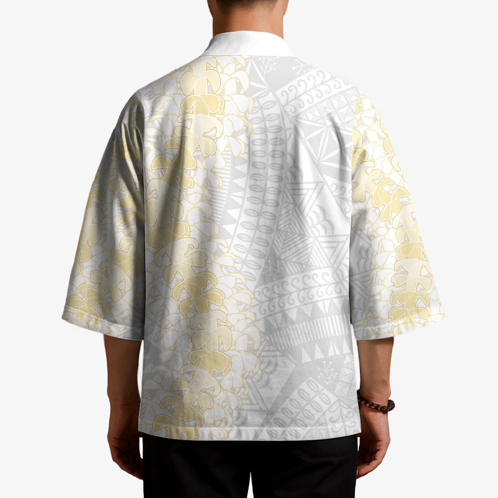 Niue White Sunday Kimono Niuean Hiapo With Puakenikeni Lei LT05 - Polynesian Pride