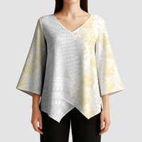 Niue White Sunday Kimono Sleeve Blouse Niuean Hiapo With Puakenikeni Lei LT05 - Polynesian Pride