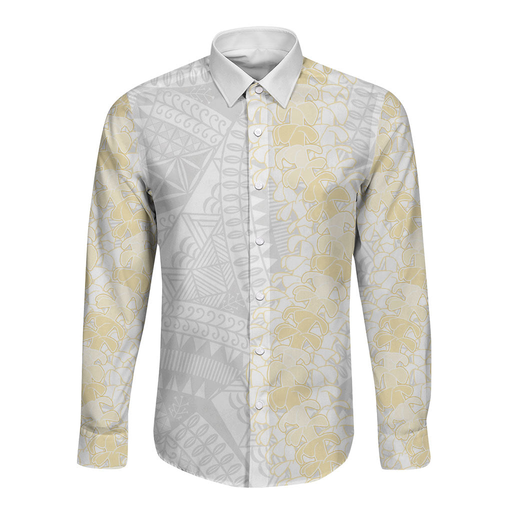 Niue White Sunday Long Sleeve Button Shirt Niuean Hiapo With Puakenikeni Lei LT05 Unisex White - Polynesian Pride