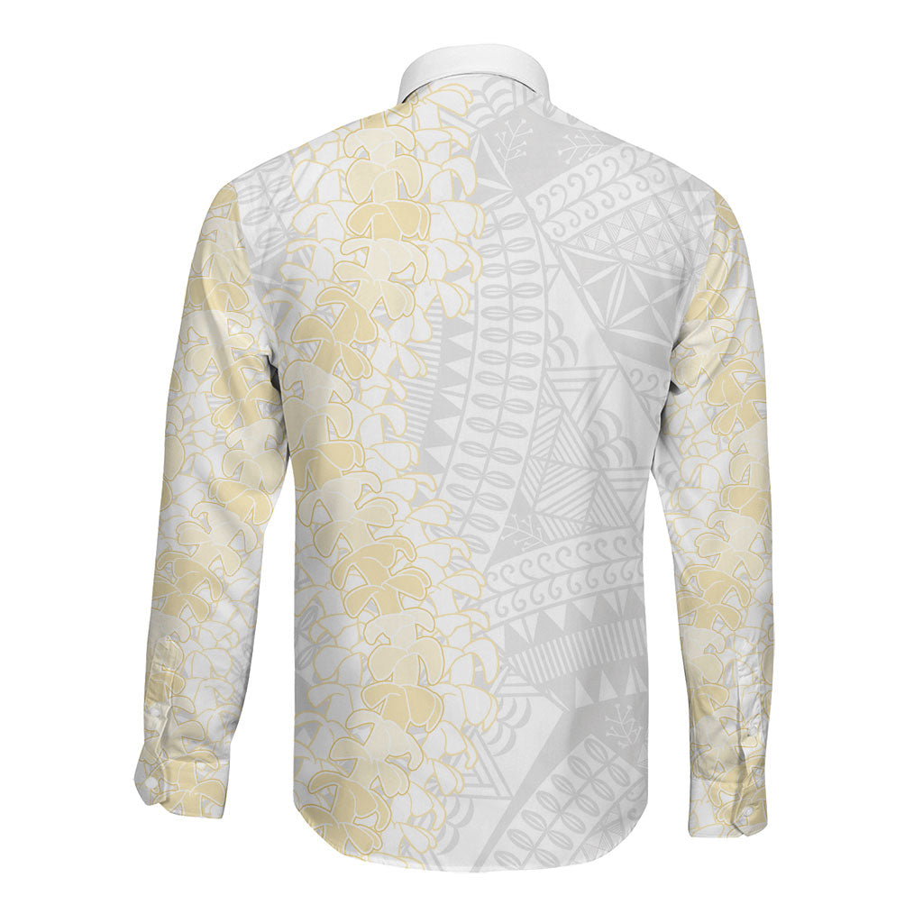Niue White Sunday Long Sleeve Button Shirt Niuean Hiapo With Puakenikeni Lei LT05 - Polynesian Pride