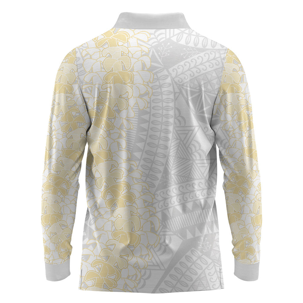 Niue White Sunday Long Sleeve Polo Shirt Niuean Hiapo With Puakenikeni Lei LT05 - Polynesian Pride