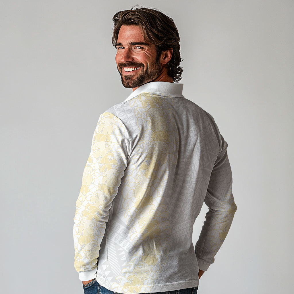 Niue White Sunday Long Sleeve Polo Shirt Niuean Hiapo With Puakenikeni Lei LT05 - Polynesian Pride