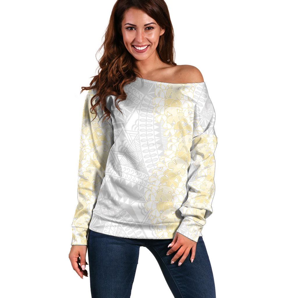 Niue White Sunday Off Shoulder Sweater Niuean Hiapo With Puakenikeni Lei LT05 Women White - Polynesian Pride