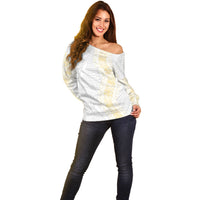 Niue White Sunday Off Shoulder Sweater Niuean Hiapo With Puakenikeni Lei LT05 - Polynesian Pride
