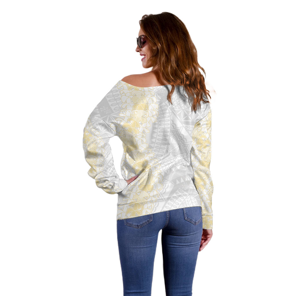 Niue White Sunday Off Shoulder Sweater Niuean Hiapo With Puakenikeni Lei LT05 - Polynesian Pride