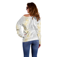 Niue White Sunday Off Shoulder Sweater Niuean Hiapo With Puakenikeni Lei LT05 - Polynesian Pride