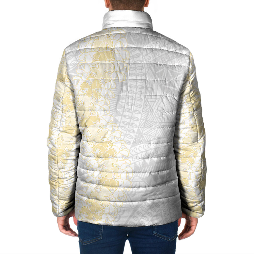 Niue White Sunday Padded Jacket Niuean Hiapo With Puakenikeni Lei LT05 - Polynesian Pride
